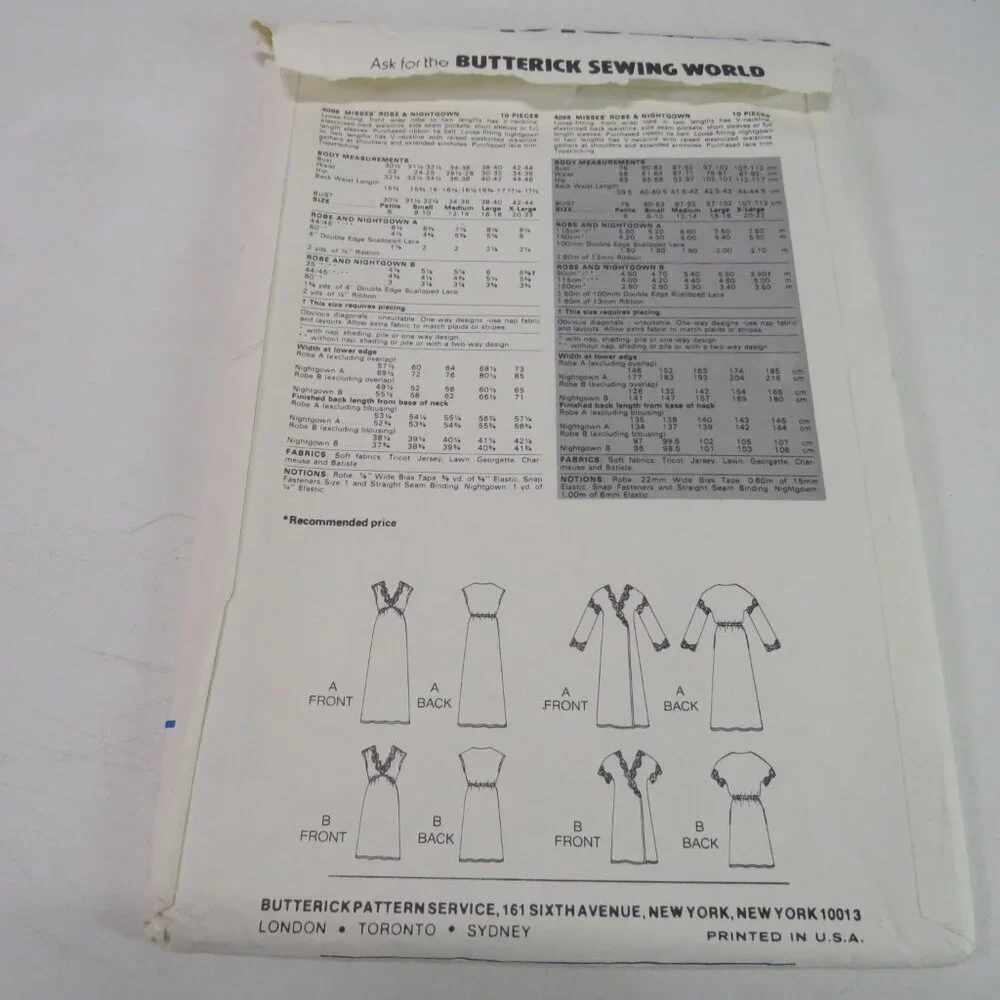 Butterick 4096 sewing pattern nightgown, robe UNCUT
